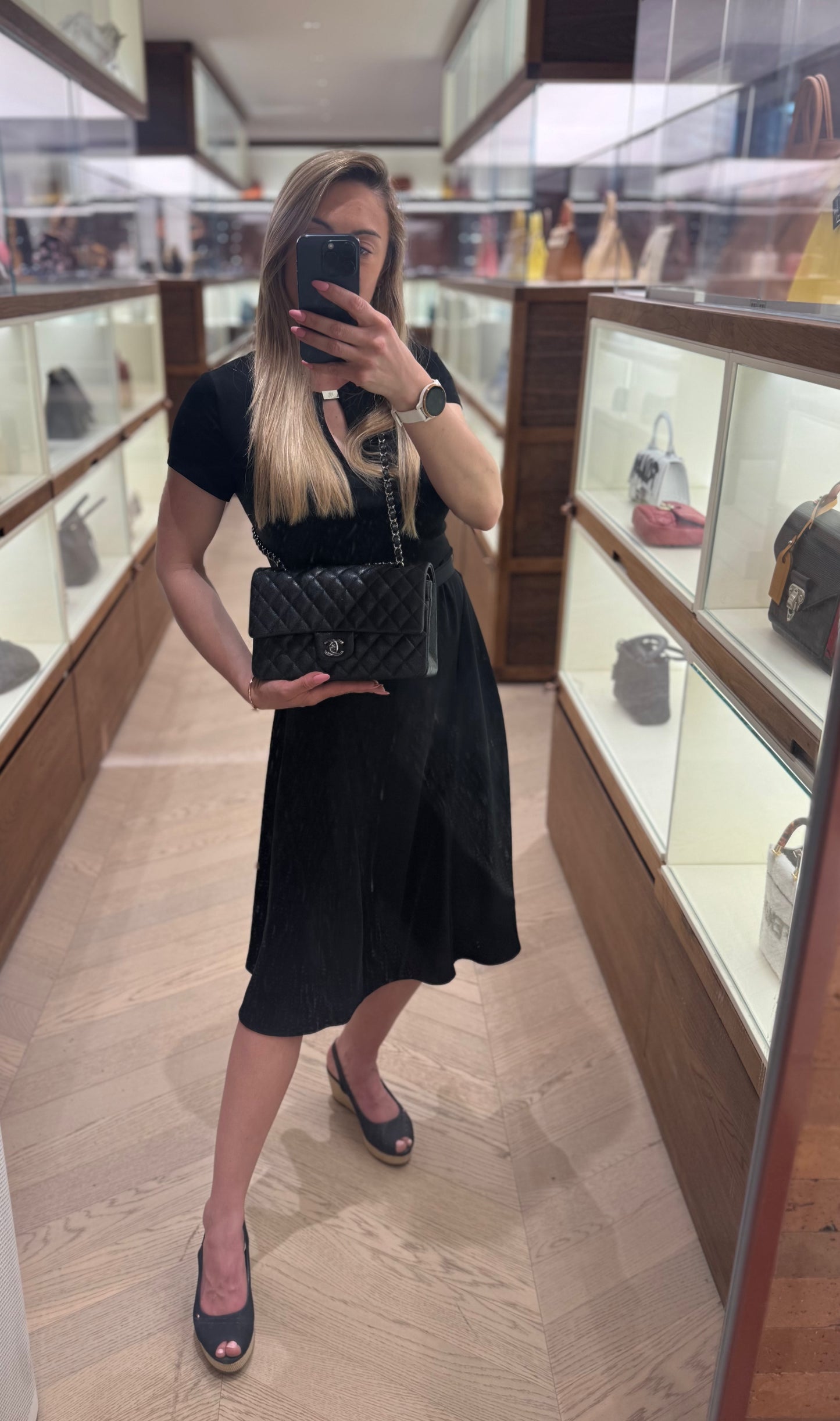 Pre-owned Certified Chanel Classic Flap Medium in Shimmery Black Caviar Leather with Black Shiny Hardware, 2018, Full Set