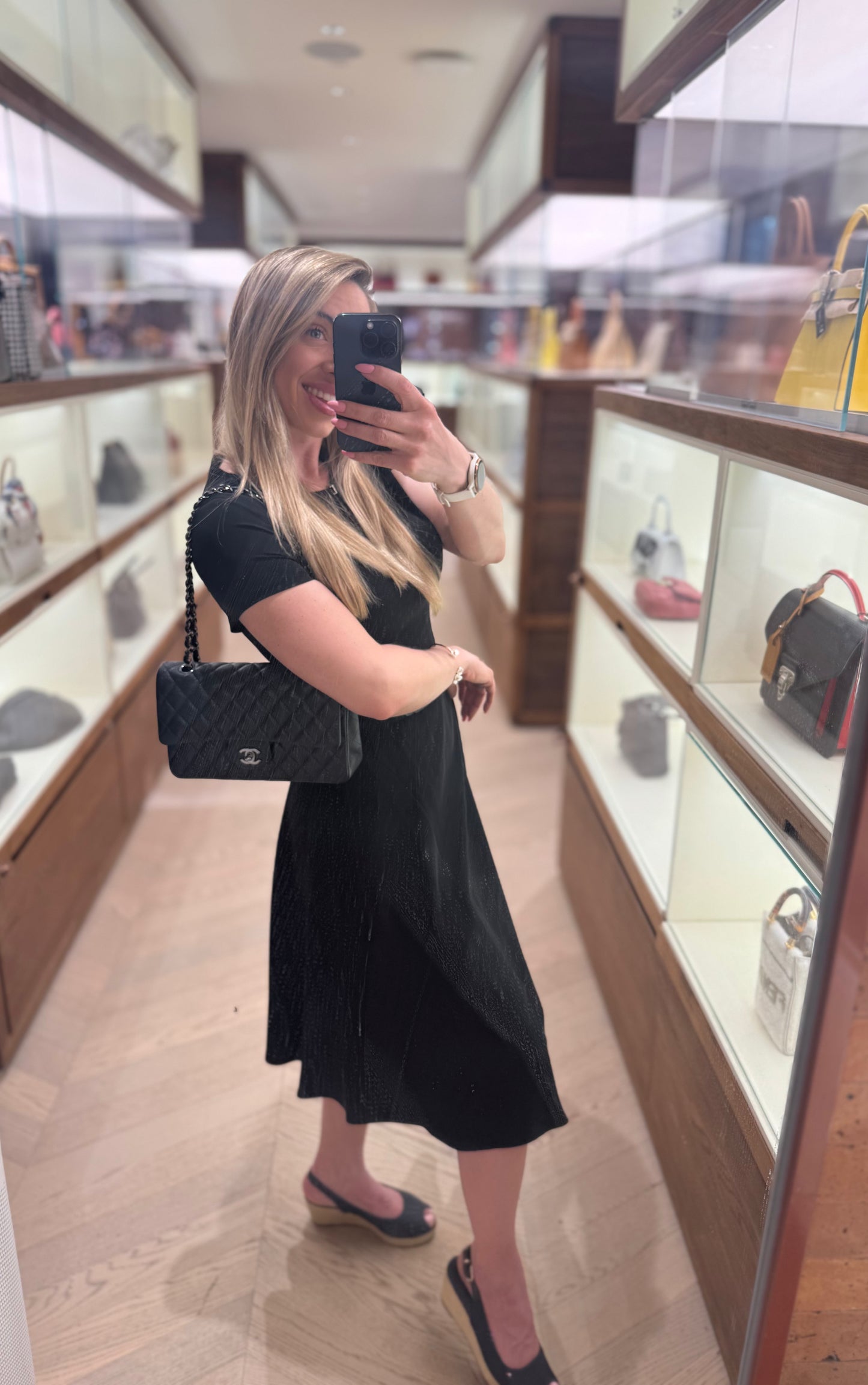 Pre-owned Certified Chanel Classic Flap Medium in Shimmery Black Caviar Leather with Black Shiny Hardware, 2018, Full Set