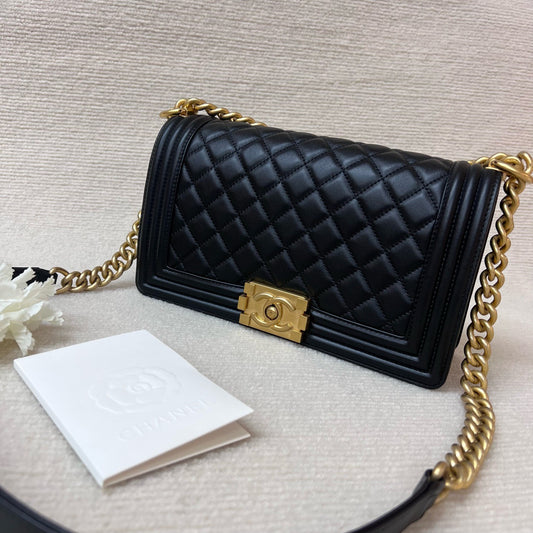 Pre-owned Chanel Le Boy Medium Black Calfskin Golden Hw, Microchipped, Full Set