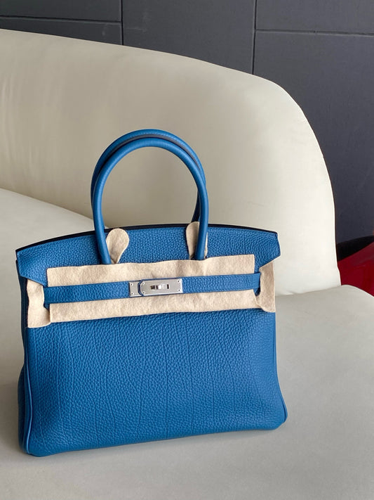 Pre-owned Certified Hermes Birkin 30 Bleu de Galice S7 Togo Leather Silver Hardware, 2015 (T), with dust bag, lock & key