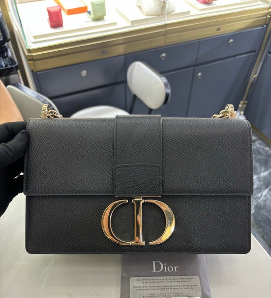 Pre-owned Certified Dior 30 Montaigne East-West Medium in Black Grained Calfskin with Light Golden Hardware, 2020, w/ dust bag, Dior card