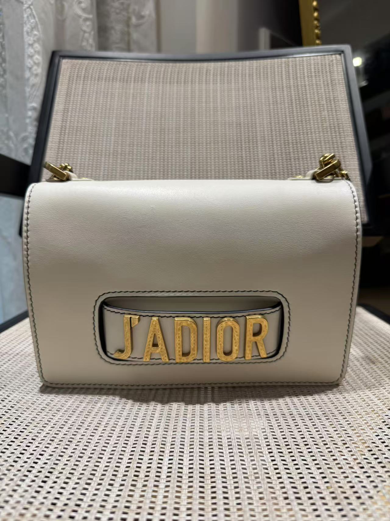Pre-owned Certified Dior J’adior Clutch with Chain White Calfskin Golden Hardware, w/ dust bag