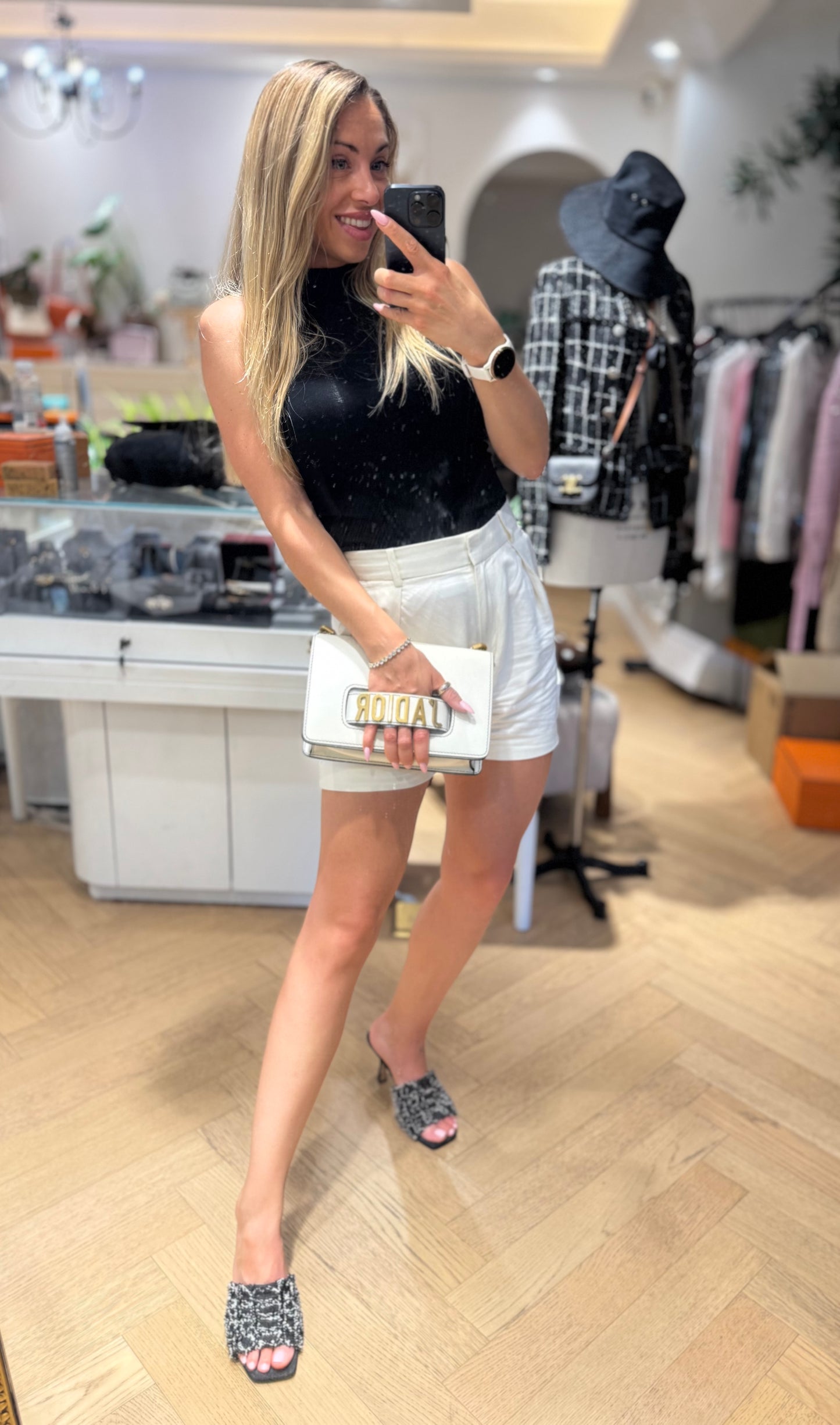 Pre-owned Certified Dior J’adior Clutch with Chain White Calfskin Golden Hardware, w/ dust bag
