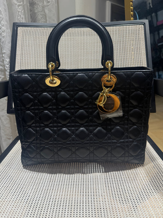 Pre-owned Certified Dior Large Lady Dior in Black Lambskin with Golden Hardware, 2014, w/ strap, dust bag