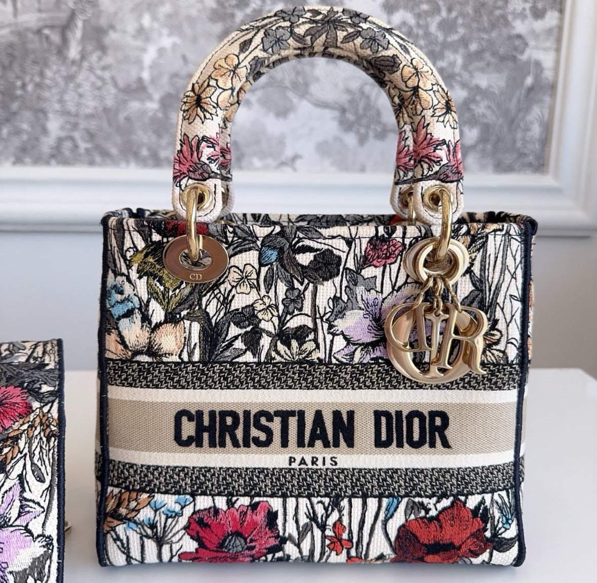 Pre-owned Certified Dior Medium Lady D-Lite Floral Embroidered Canvas, 2020, w/ dust bag, strap