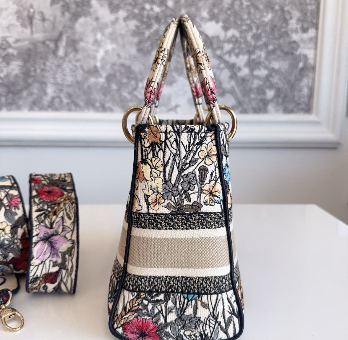 Pre-owned Certified Dior Medium Lady D-Lite Floral Embroidered Canvas, 2020, w/ dust bag, strap
