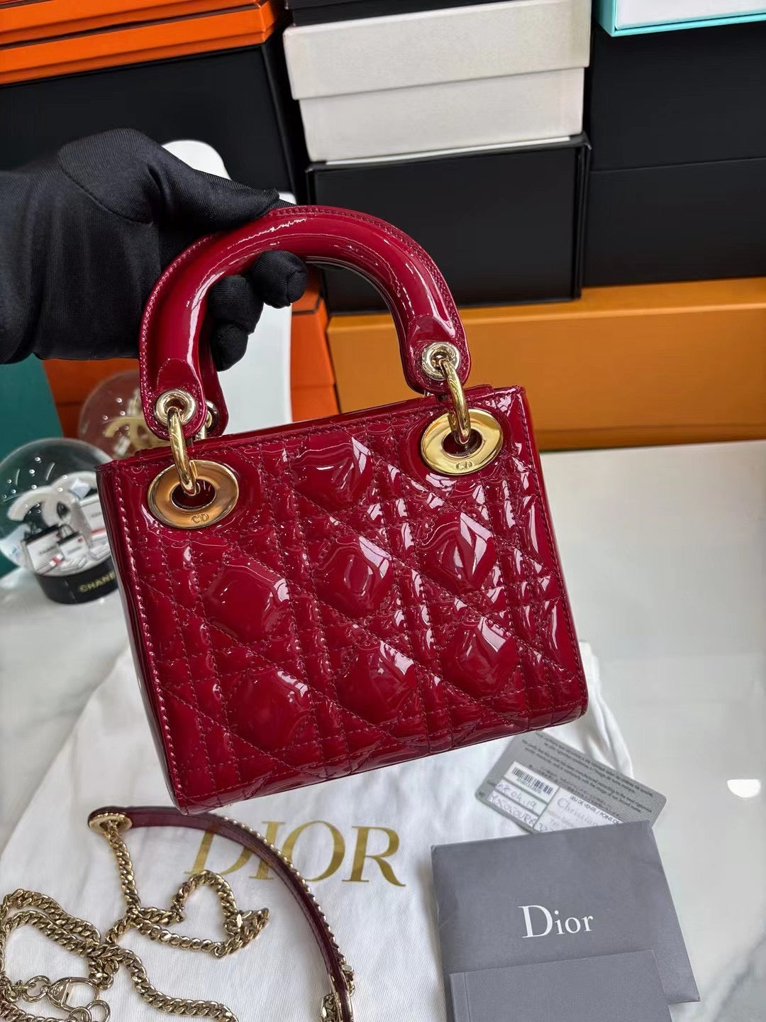 Pre-owned Certified Dior Mini Lady Dior Dark Cherry Red Patent Leather with Golden Hardware, 2019, w/ Full Set - Dior box, card, dust bag, chain