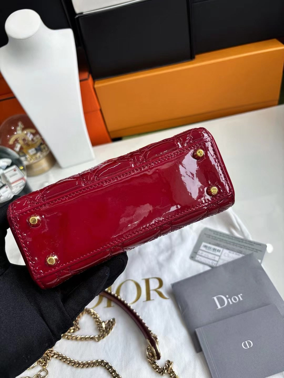 Pre-owned Certified Dior Mini Lady Dior Dark Cherry Red Patent Leather with Golden Hardware, 2019, w/ Full Set - Dior box, card, dust bag, chain