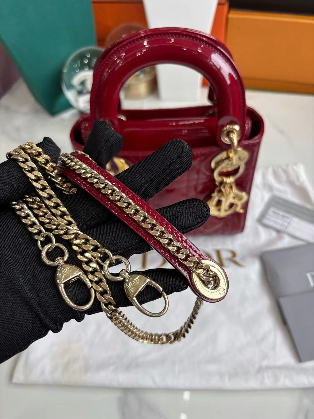 Pre-owned Certified Dior Mini Lady Dior Dark Cherry Red Patent Leather with Golden Hardware, 2019, w/ Full Set - Dior box, card, dust bag, chain