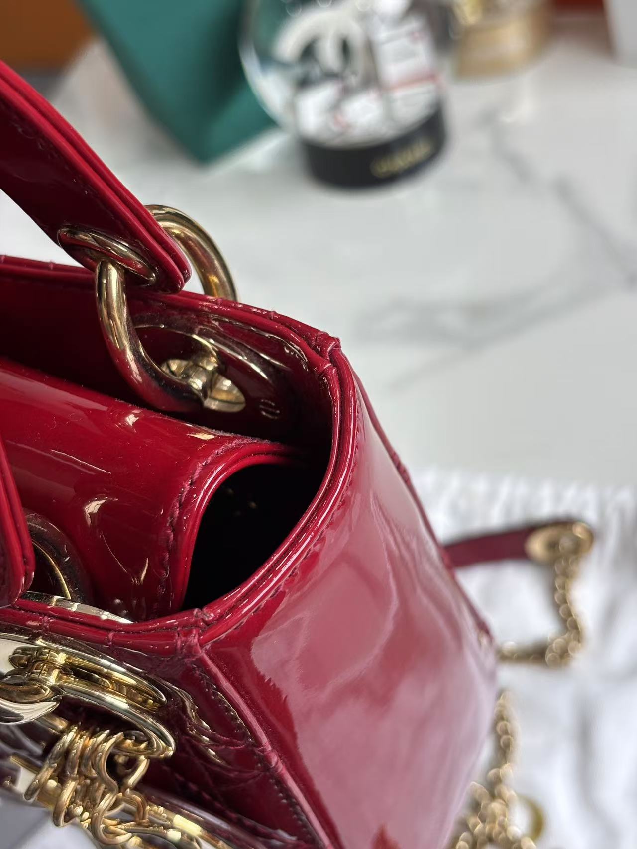 Pre-owned Certified Dior Mini Lady Dior Dark Cherry Red Patent Leather with Golden Hardware, 2019, w/ Full Set - Dior box, card, dust bag, chain