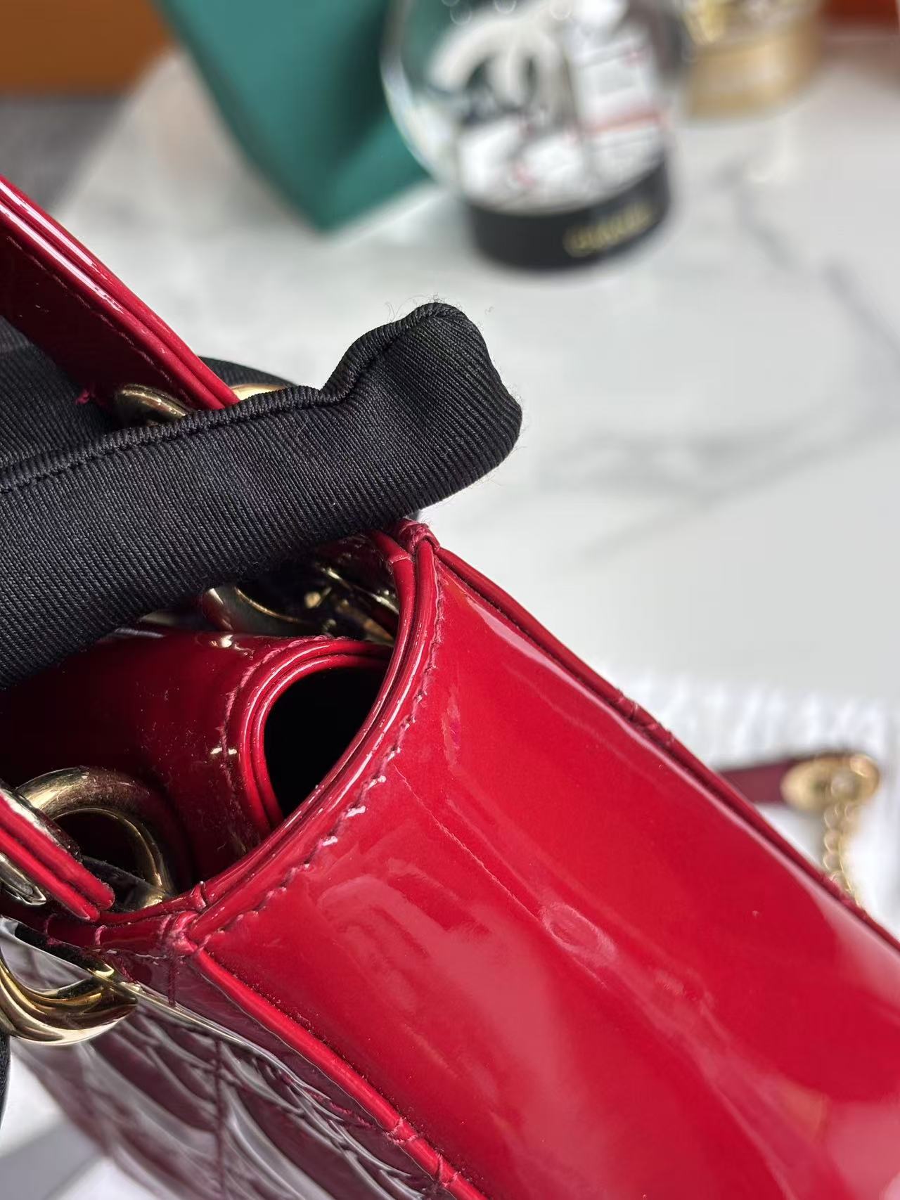 Pre-owned Certified Dior Mini Lady Dior Dark Cherry Red Patent Leather with Golden Hardware, 2019, w/ Full Set - Dior box, card, dust bag, chain