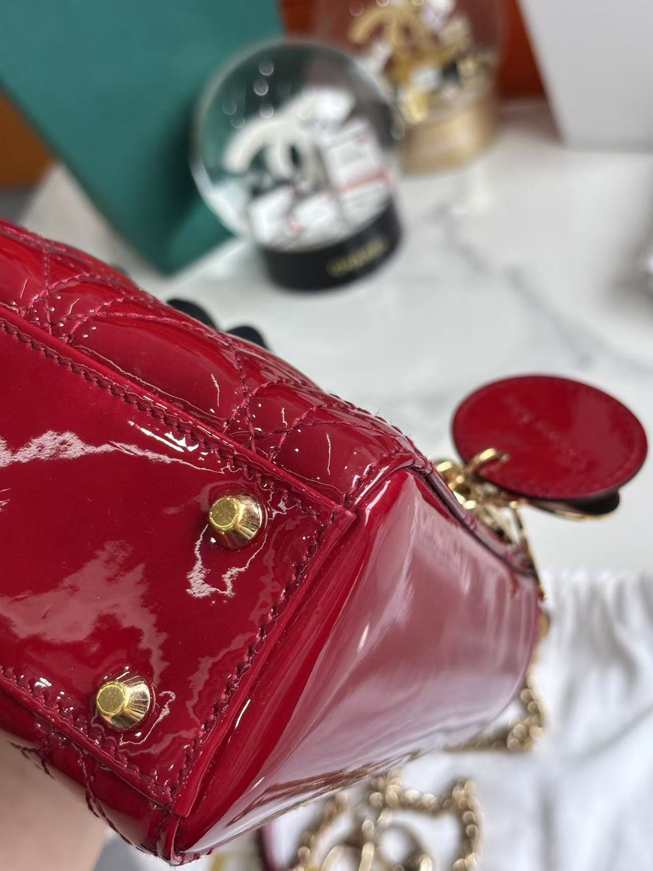 Pre-owned Certified Dior Mini Lady Dior Dark Cherry Red Patent Leather with Golden Hardware, 2019, w/ Full Set - Dior box, card, dust bag, chain