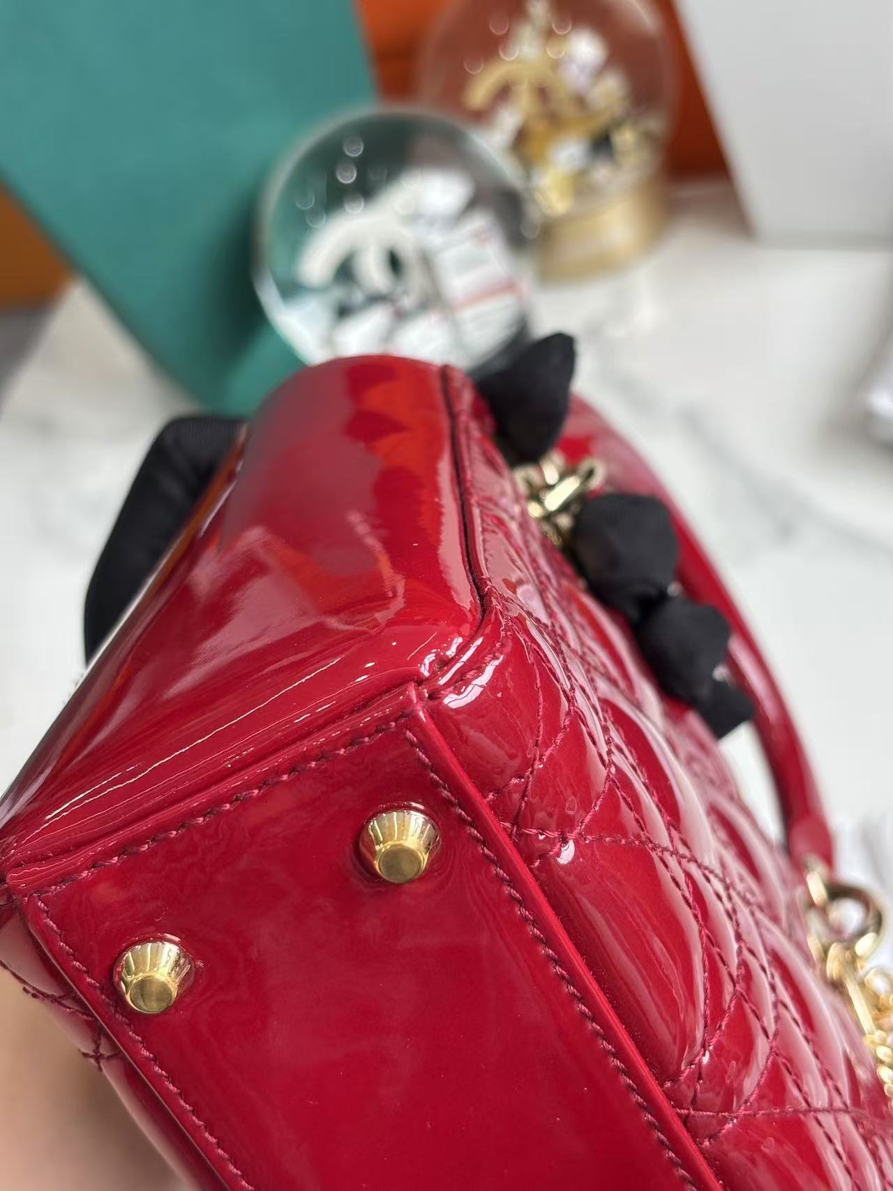Pre-owned Certified Dior Mini Lady Dior Dark Cherry Red Patent Leather with Golden Hardware, 2019, w/ Full Set - Dior box, card, dust bag, chain