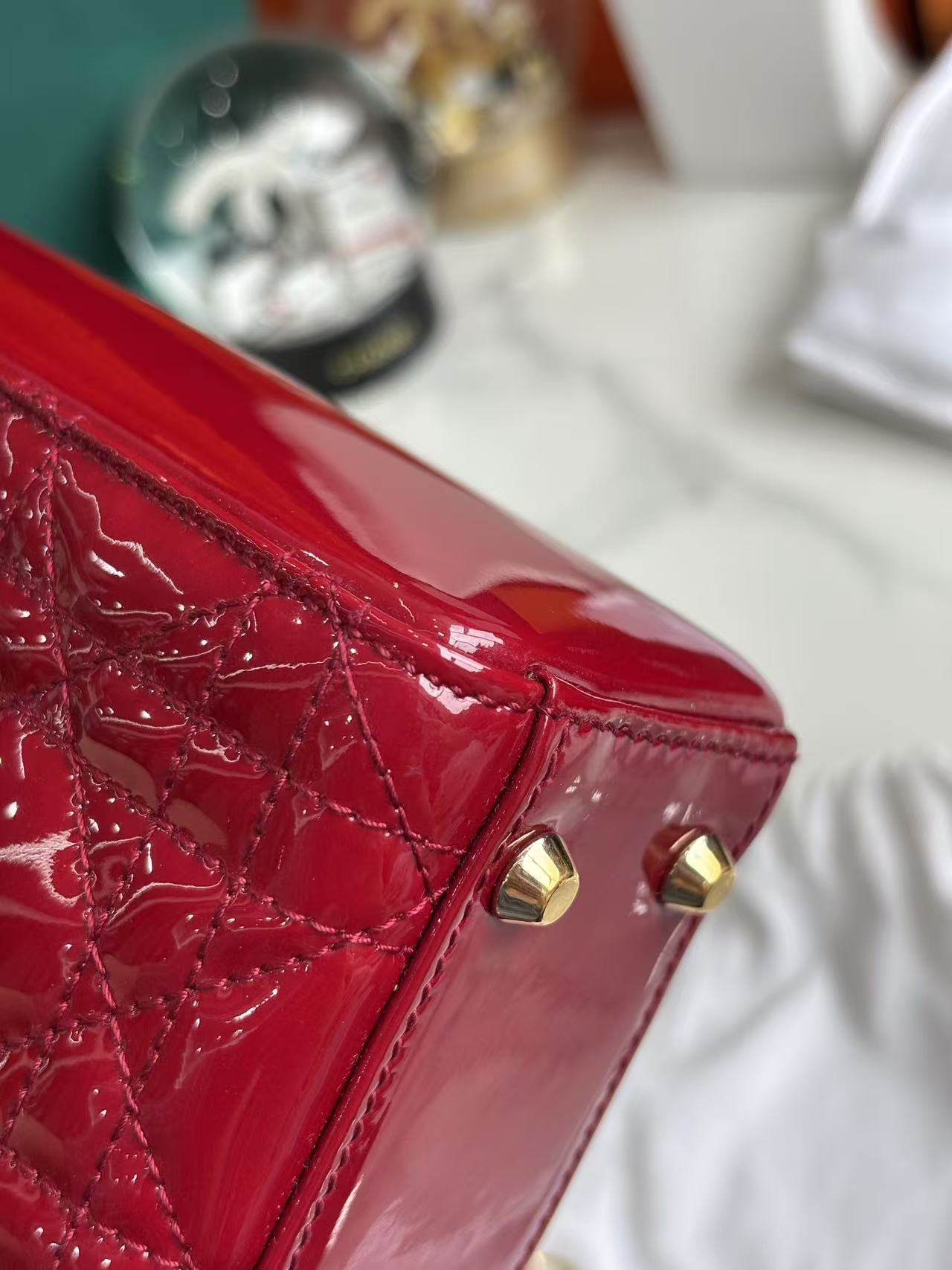 Pre-owned Certified Dior Mini Lady Dior Dark Cherry Red Patent Leather with Golden Hardware, 2019, w/ Full Set - Dior box, card, dust bag, chain