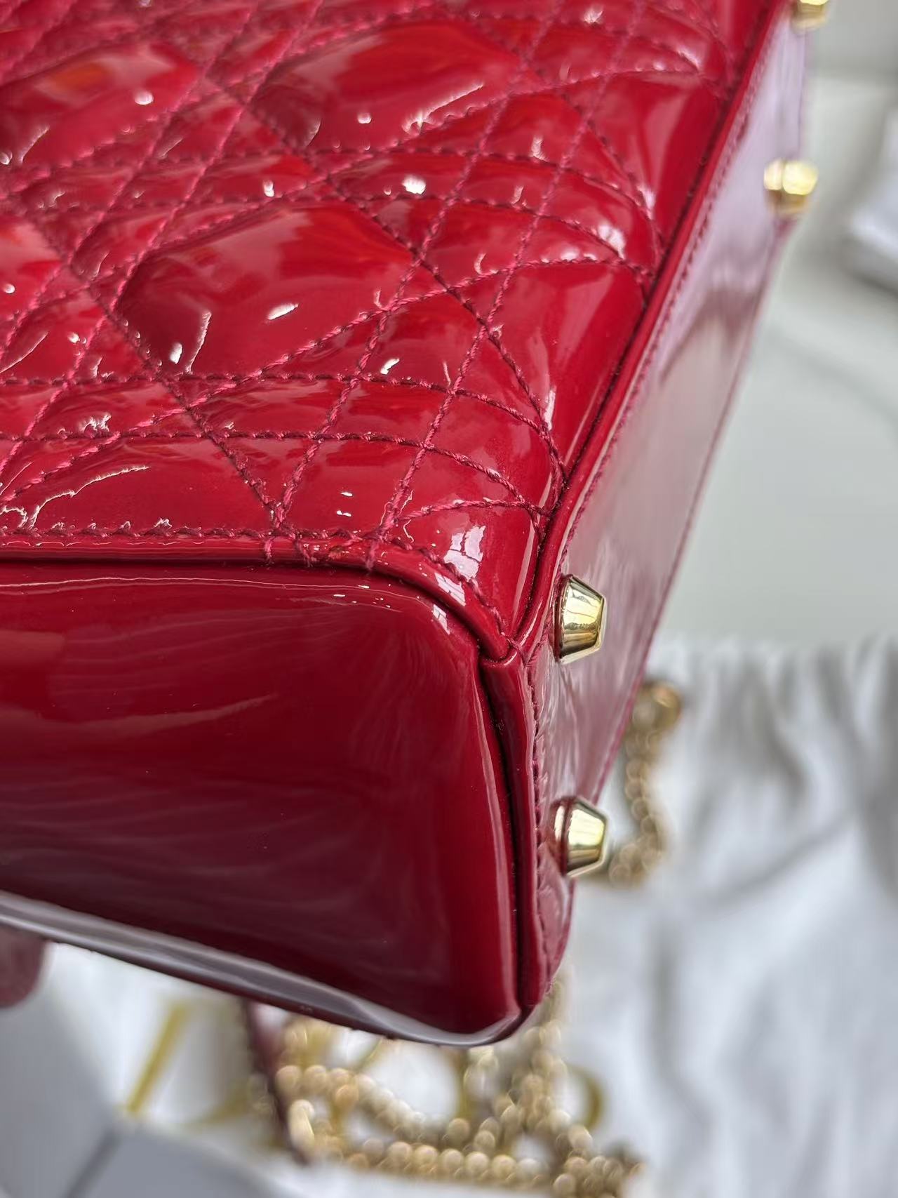 Pre-owned Certified Dior Mini Lady Dior Dark Cherry Red Patent Leather with Golden Hardware, 2019, w/ Full Set - Dior box, card, dust bag, chain