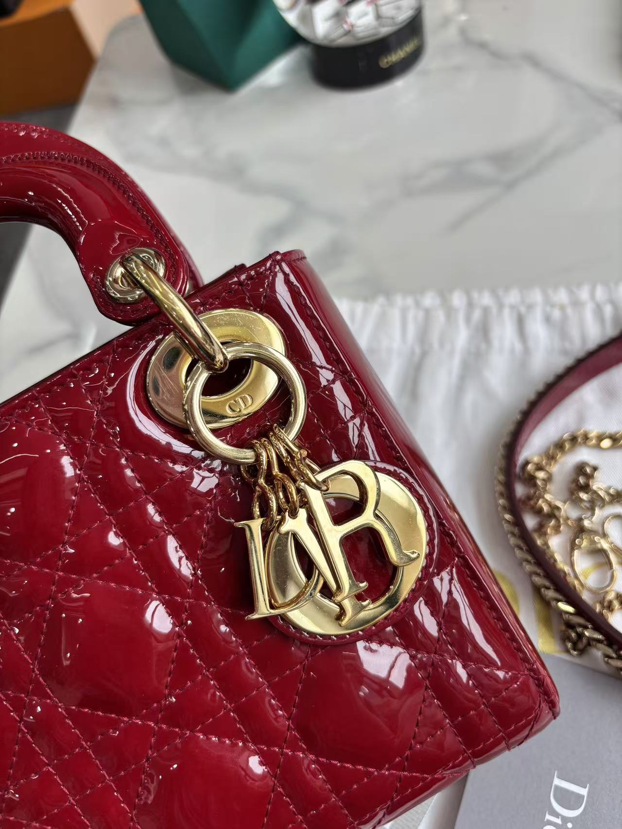 Pre-owned Certified Dior Mini Lady Dior Dark Cherry Red Patent Leather with Golden Hardware, 2019, w/ Full Set - Dior box, card, dust bag, chain