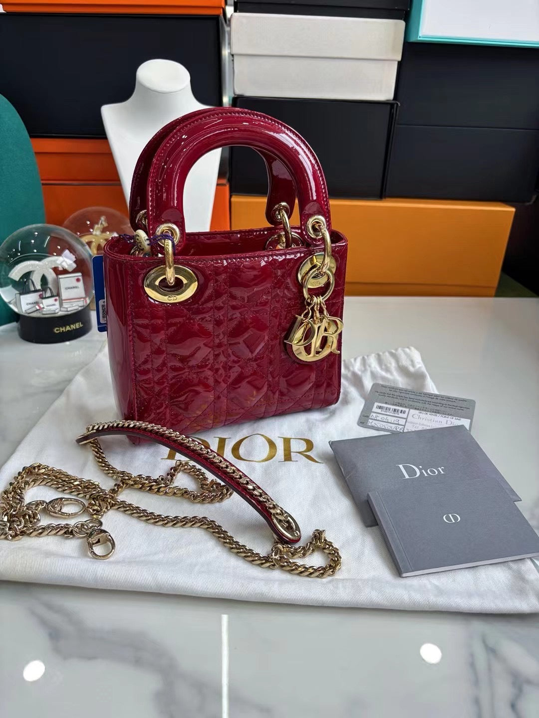 Pre-owned Certified Dior Mini Lady Dior Dark Cherry Red Patent Leather with Golden Hardware, 2019, w/ Full Set - Dior box, card, dust bag, chain