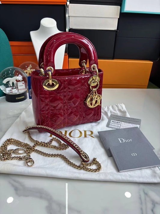 Pre-owned Certified Dior Mini Lady Dior Dark Cherry Red Patent Leather with Golden Hardware, 2019, w/ Full Set - Dior box, card, dust bag, chain