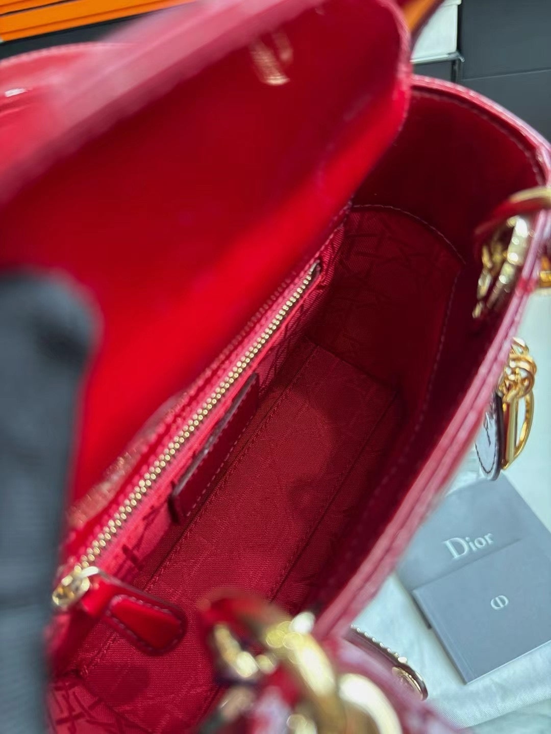 Pre-owned Certified Dior Mini Lady Dior Dark Cherry Red Patent Leather with Golden Hardware, 2019, w/ Full Set - Dior box, card, dust bag, chain