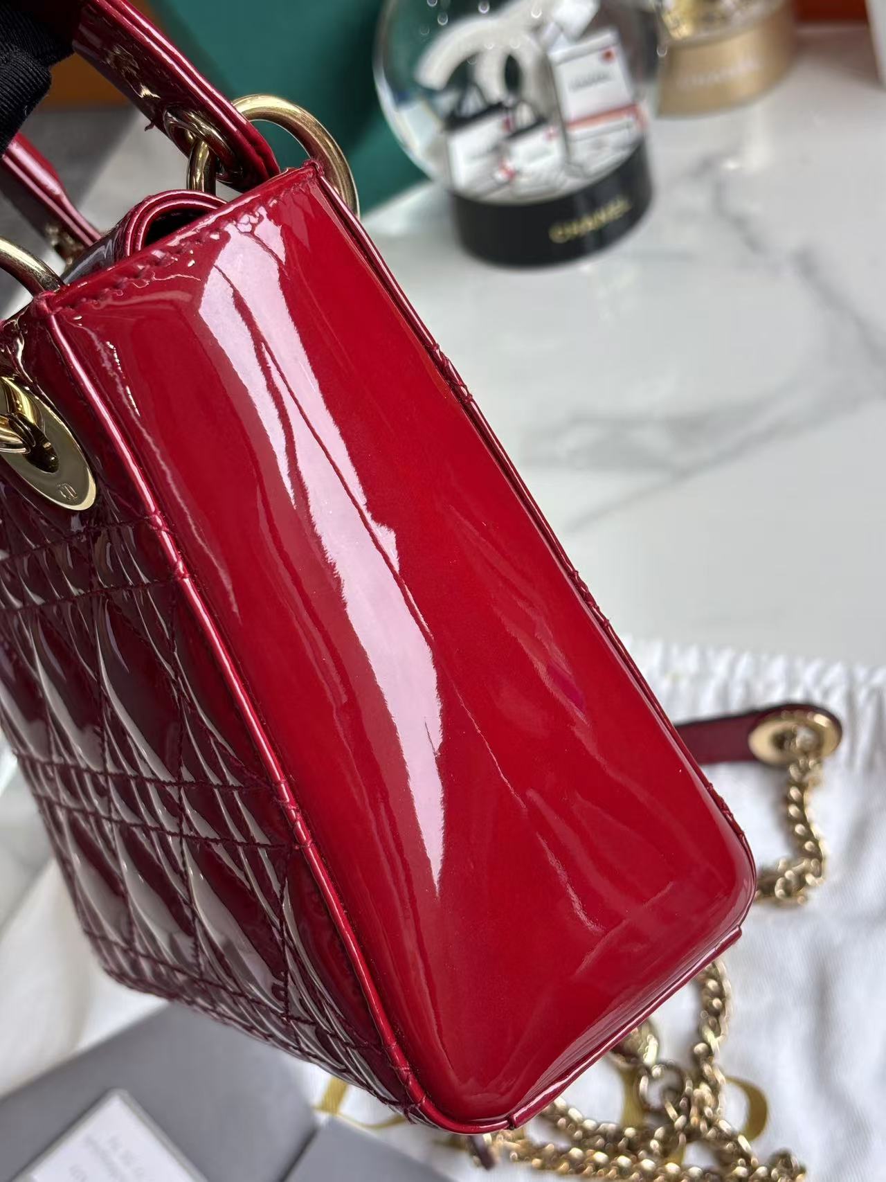 Pre-owned Certified Dior Mini Lady Dior Dark Cherry Red Patent Leather with Golden Hardware, 2019, w/ Full Set - Dior box, card, dust bag, chain
