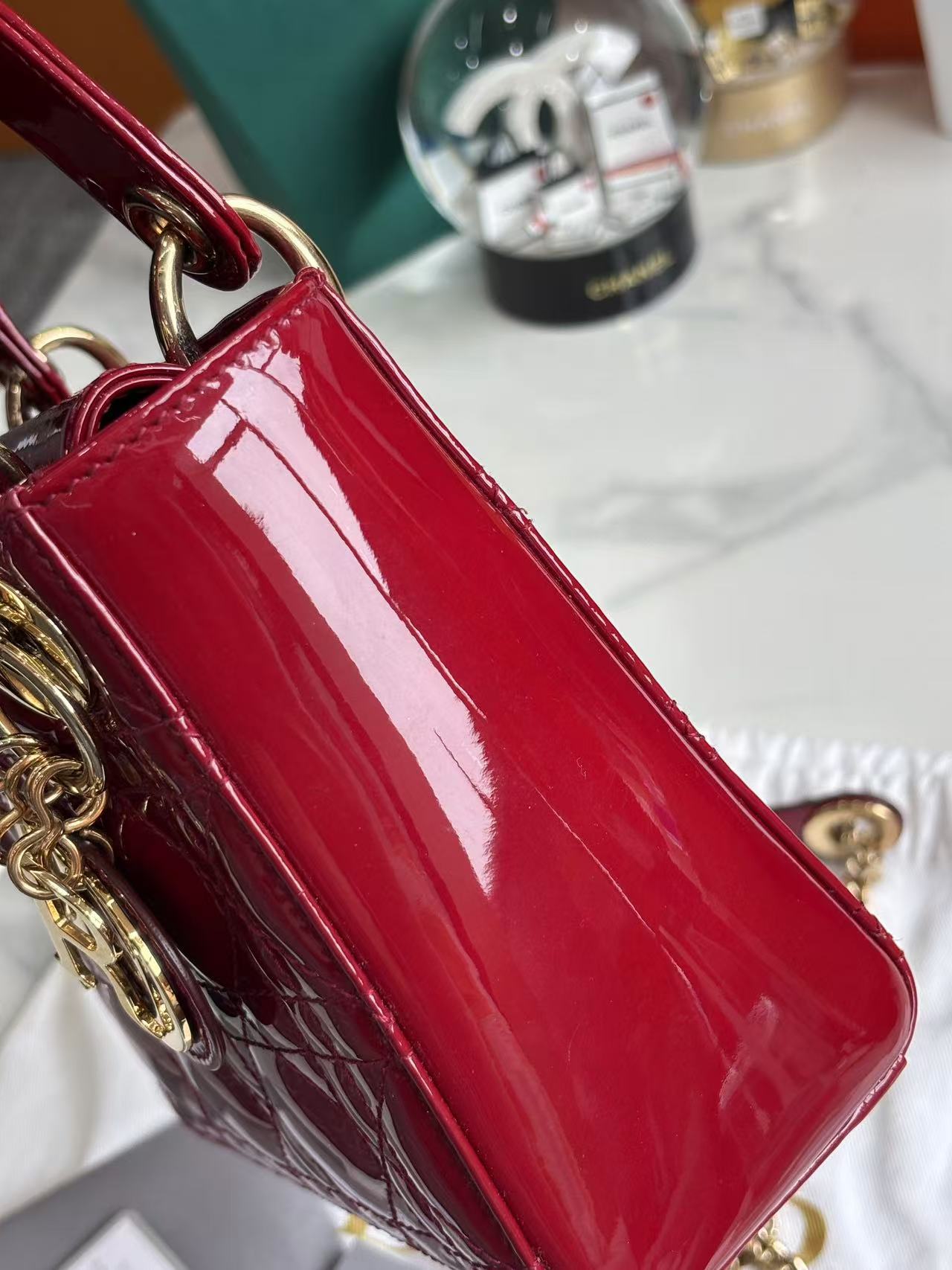 Pre-owned Certified Dior Mini Lady Dior Dark Cherry Red Patent Leather with Golden Hardware, 2019, w/ Full Set - Dior box, card, dust bag, chain