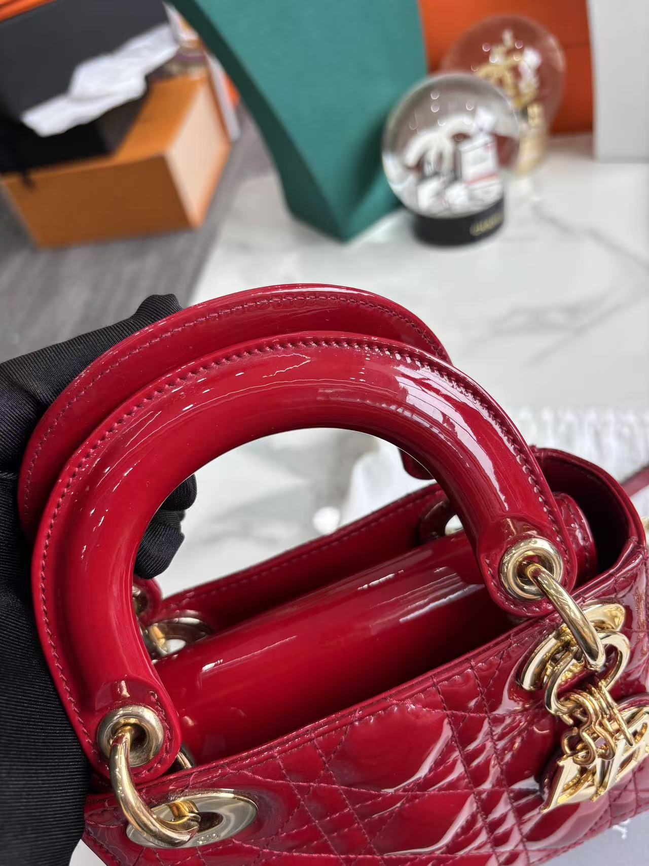 Pre-owned Certified Dior Mini Lady Dior Dark Cherry Red Patent Leather with Golden Hardware, 2019, w/ Full Set - Dior box, card, dust bag, chain