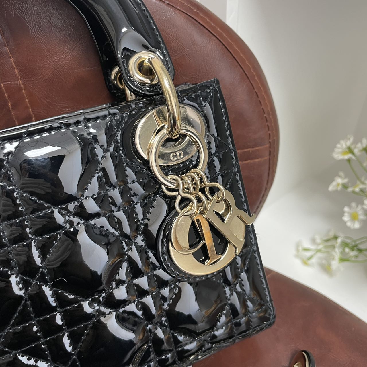Pre-owned Certified Dior Mini Lady Dior in Black Patent Leather with Light Golden Hardware, 2020, w/full set