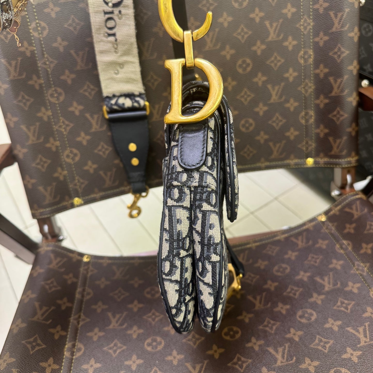 Pre-owned Dior Saddle Medium Blue Oblique Canvas Golden Hardware, 2018, Full Set with the Dior Strap