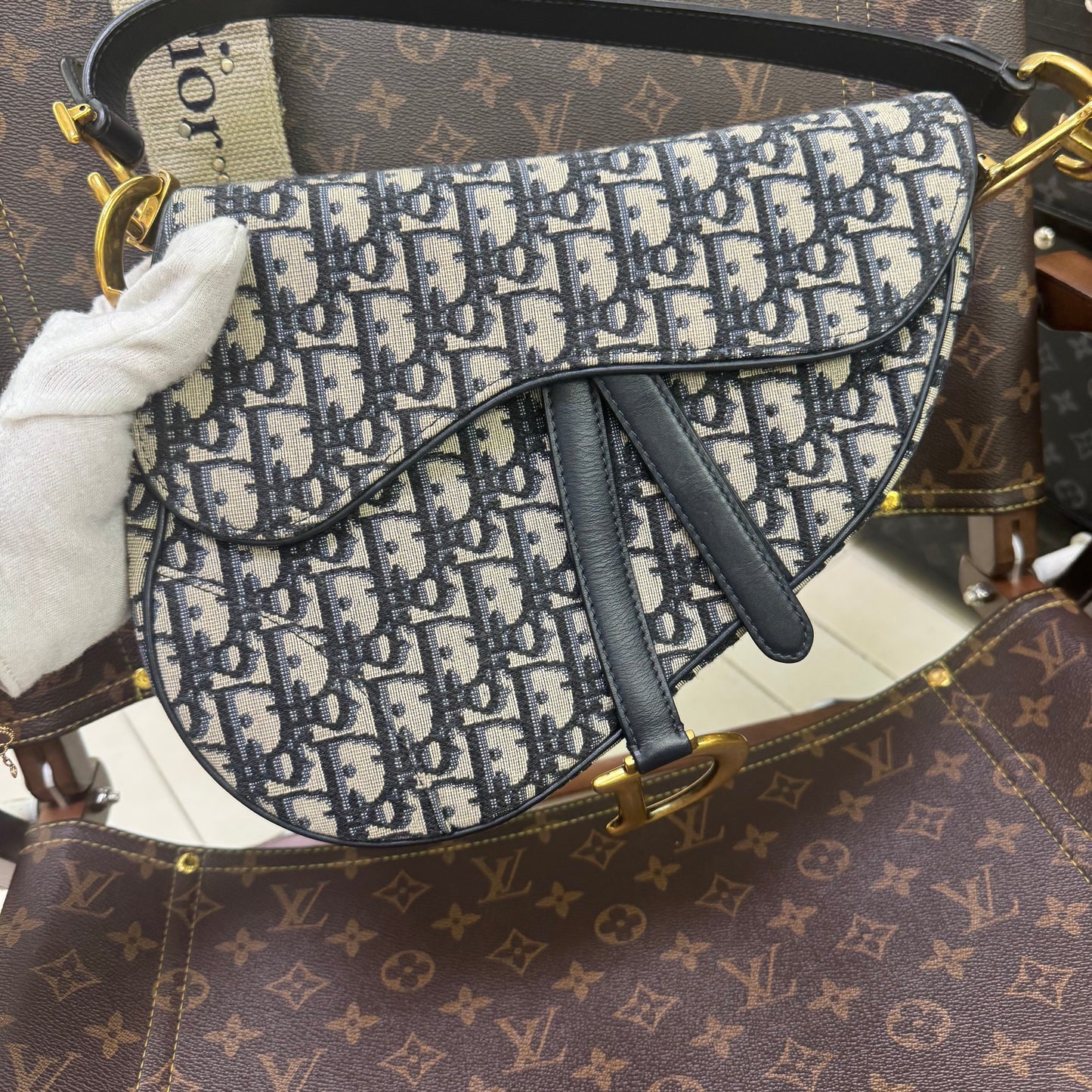 Pre-owned Dior Saddle Medium Blue Oblique Canvas Golden Hardware, 2018, Full Set with the Dior Strap