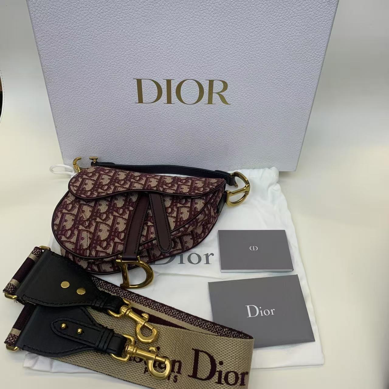 Pre-owned Dior Saddle Small Burgundy Oblique Canvas Golden Hw, 2019, Full Set with Dior Strap