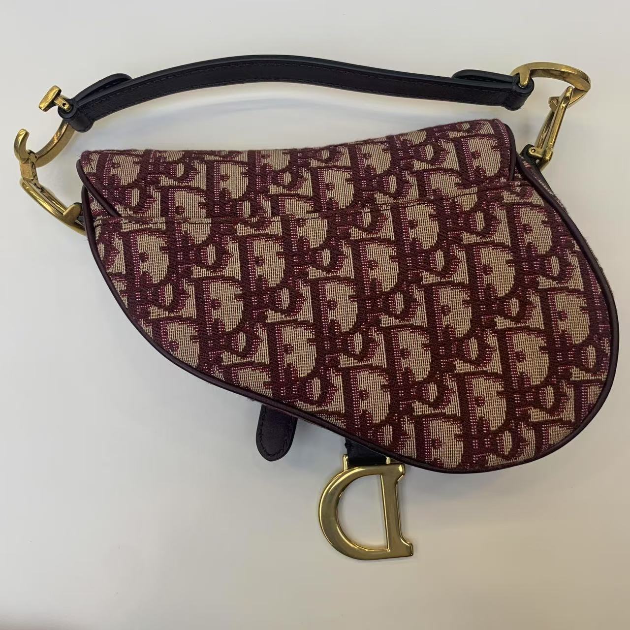 Pre-owned Dior Saddle Small Burgundy Oblique Canvas Golden Hw, 2019, Full Set with Dior Strap