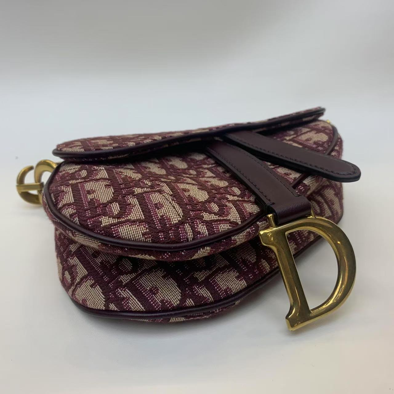Pre-owned Dior Saddle Small Burgundy Oblique Canvas Golden Hw, 2019, Full Set with Dior Strap