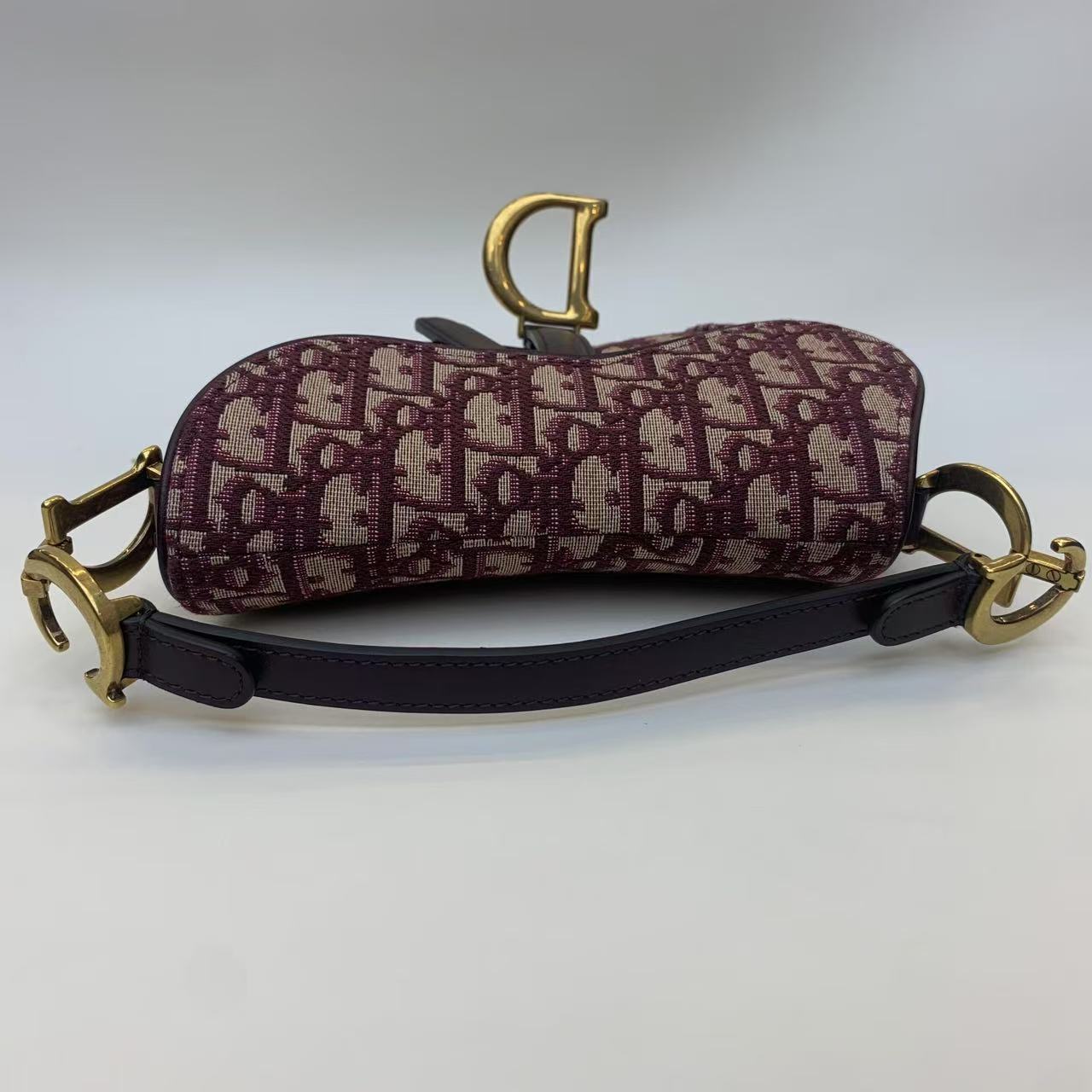 Pre-owned Dior Saddle Small Burgundy Oblique Canvas Golden Hw, 2019, Full Set with Dior Strap