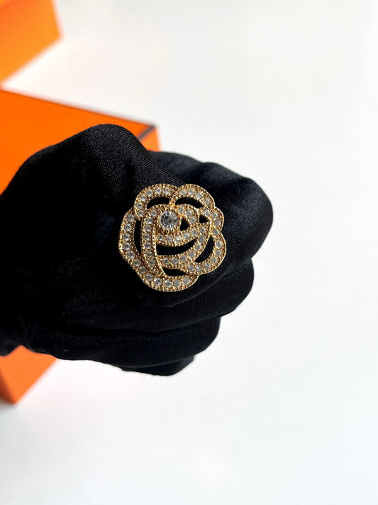 Pre-owned Certified Dior Vintage Brooch Crystal Rose Flower with Golden Hardware