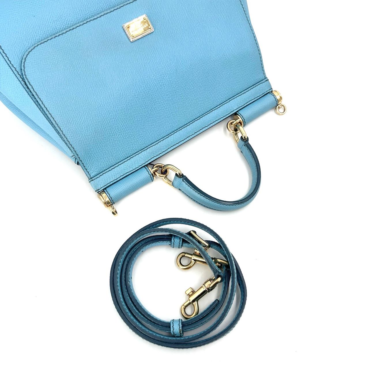 Pre-owned Certified D&G Dolce & Gabbana Large Sicily Handbag in Light Blue Calfskin with Golden Hardware, w/ dust bag, strap