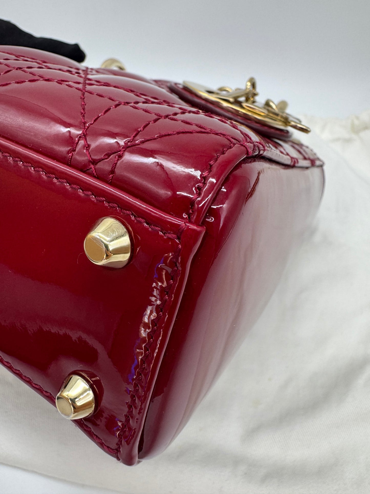 Pre-owned Certified Lady Dior Mini Dark Cherry Red Patent Leather Golden Hardware, 2017, w/ full set