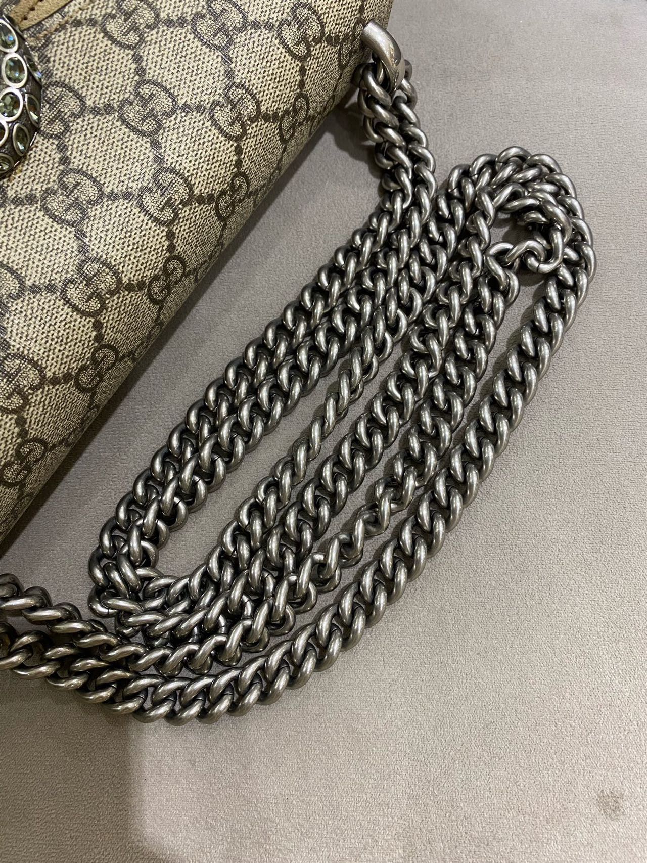 Pre-owned Certified Gucci Dionysus Small in Etoupe GG Supreme Coated Canvas with Crystal Hardware, 2021, w/ Dust bag