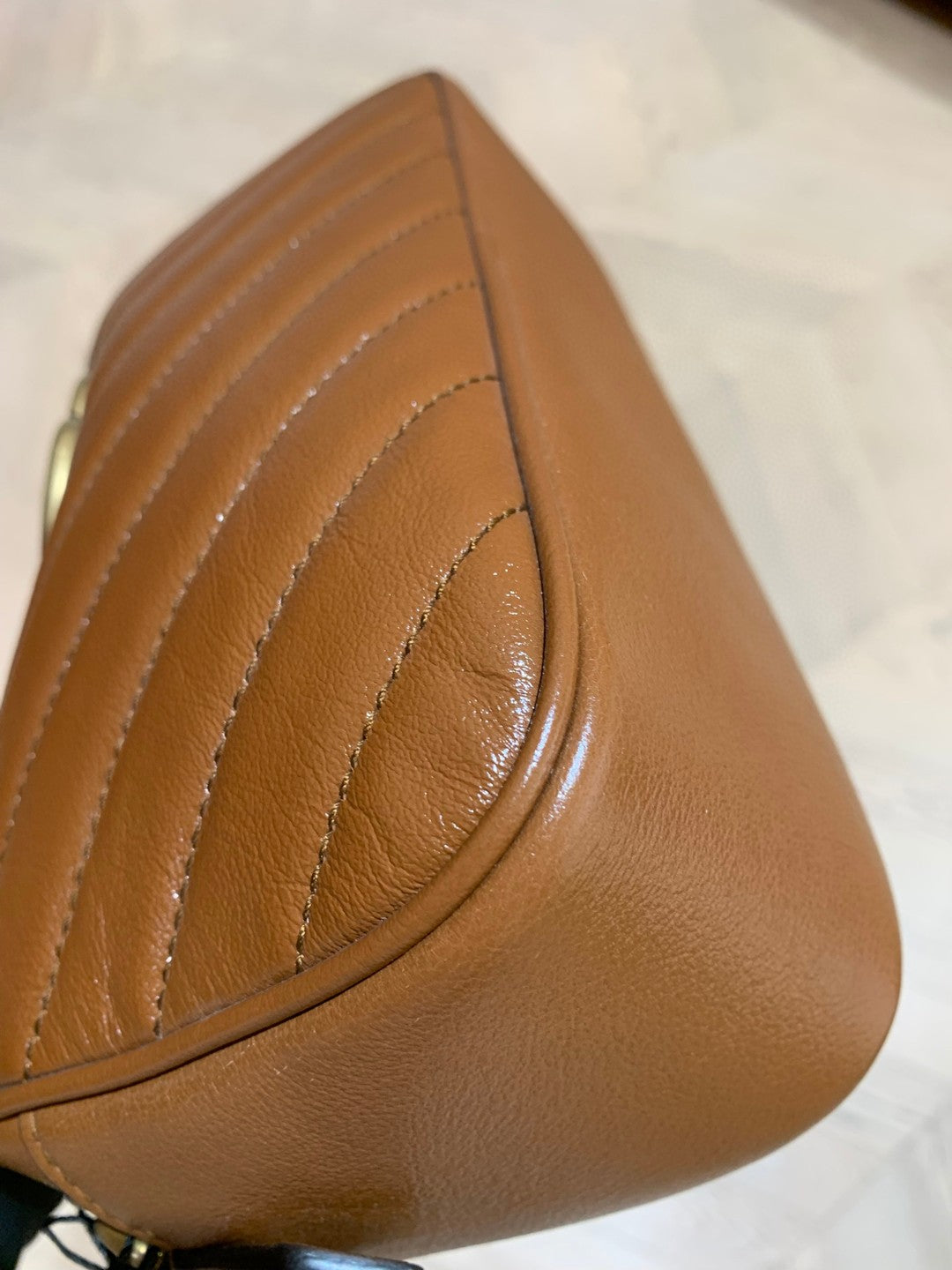Pre-owned Certified Gucci Marmont Small Camera Bag Caramel Brown Calfskin Golden Hw, w/ dust bag