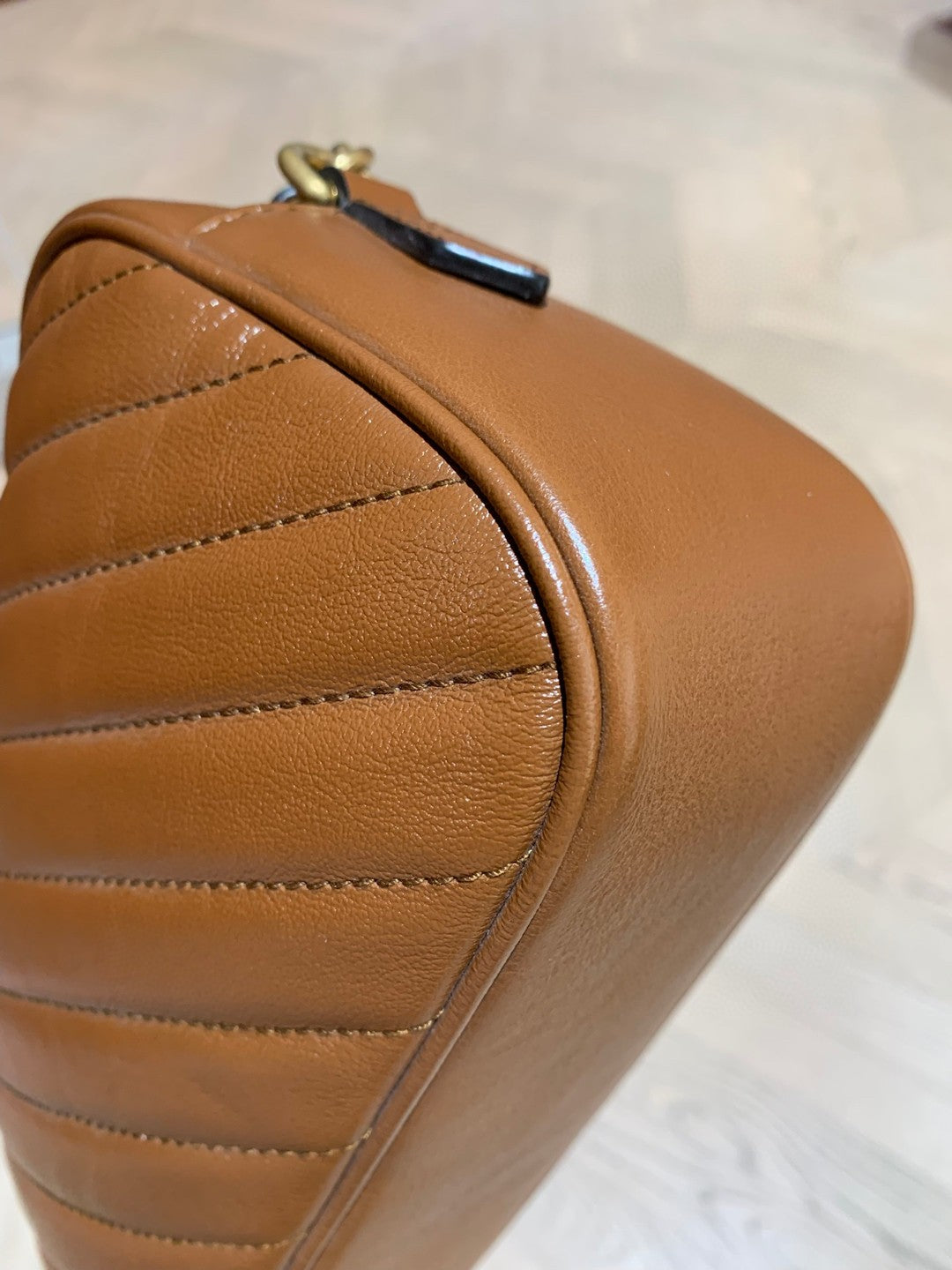 Pre-owned Certified Gucci Marmont Small Camera Bag Caramel Brown Calfskin Golden Hw, w/ dust bag