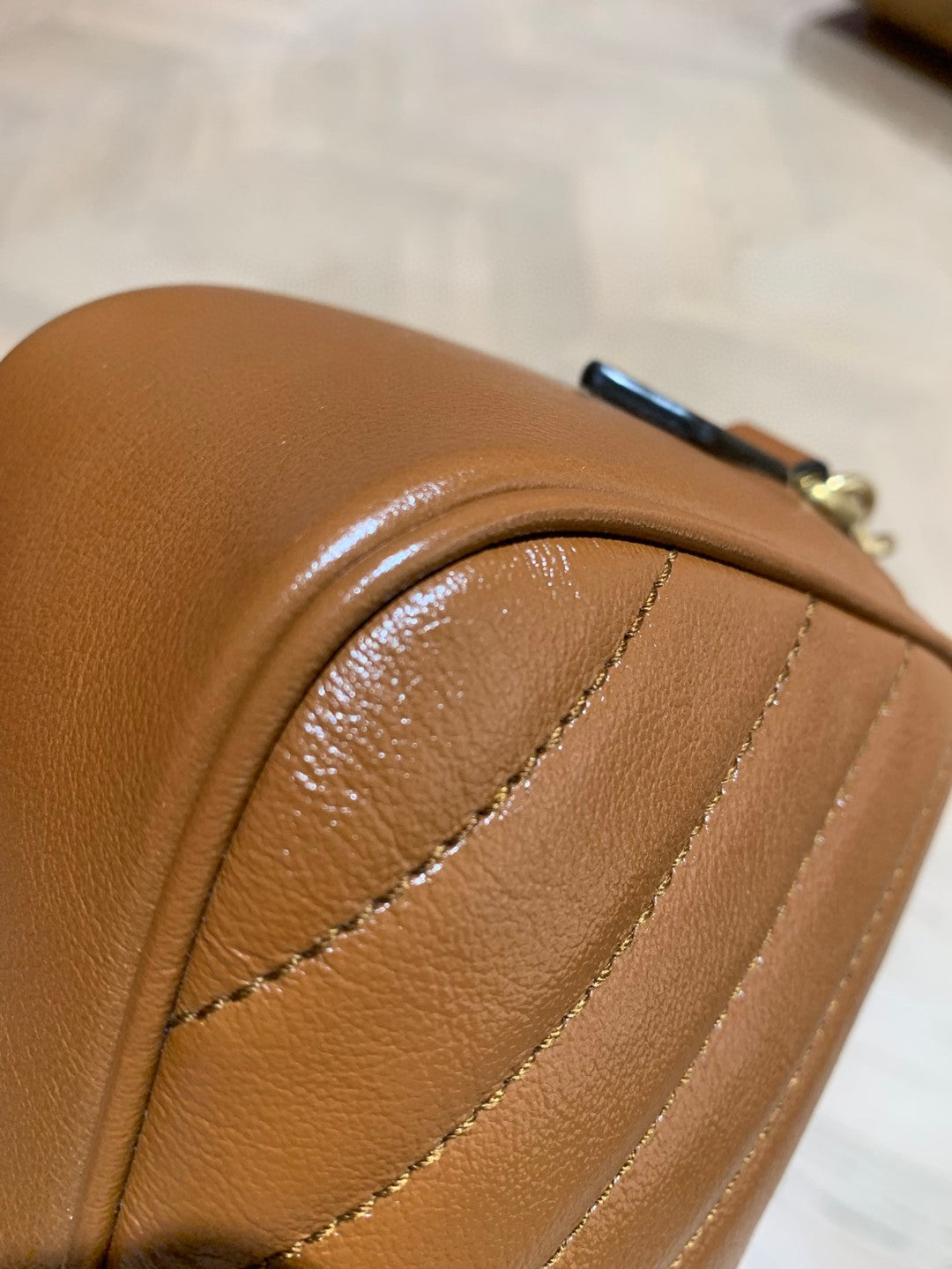 Pre-owned Certified Gucci Marmont Small Camera Bag Caramel Brown Calfskin Golden Hw, w/ dust bag