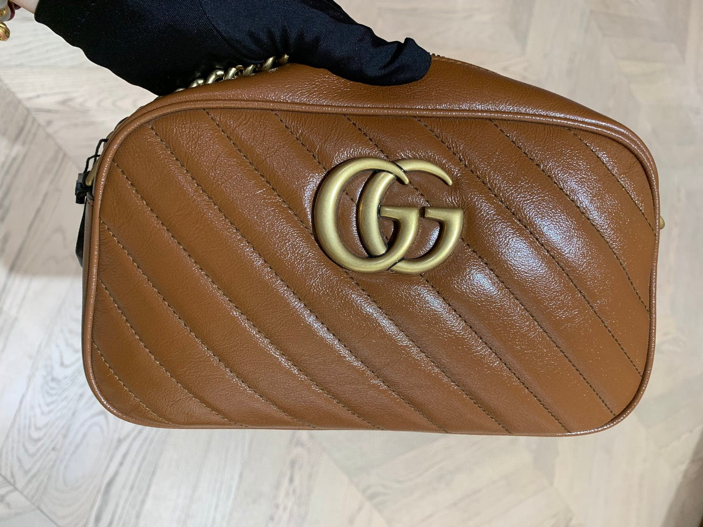 Pre-owned Certified Gucci Marmont Small Camera Bag Caramel Brown Calfskin Golden Hw, w/ dust bag