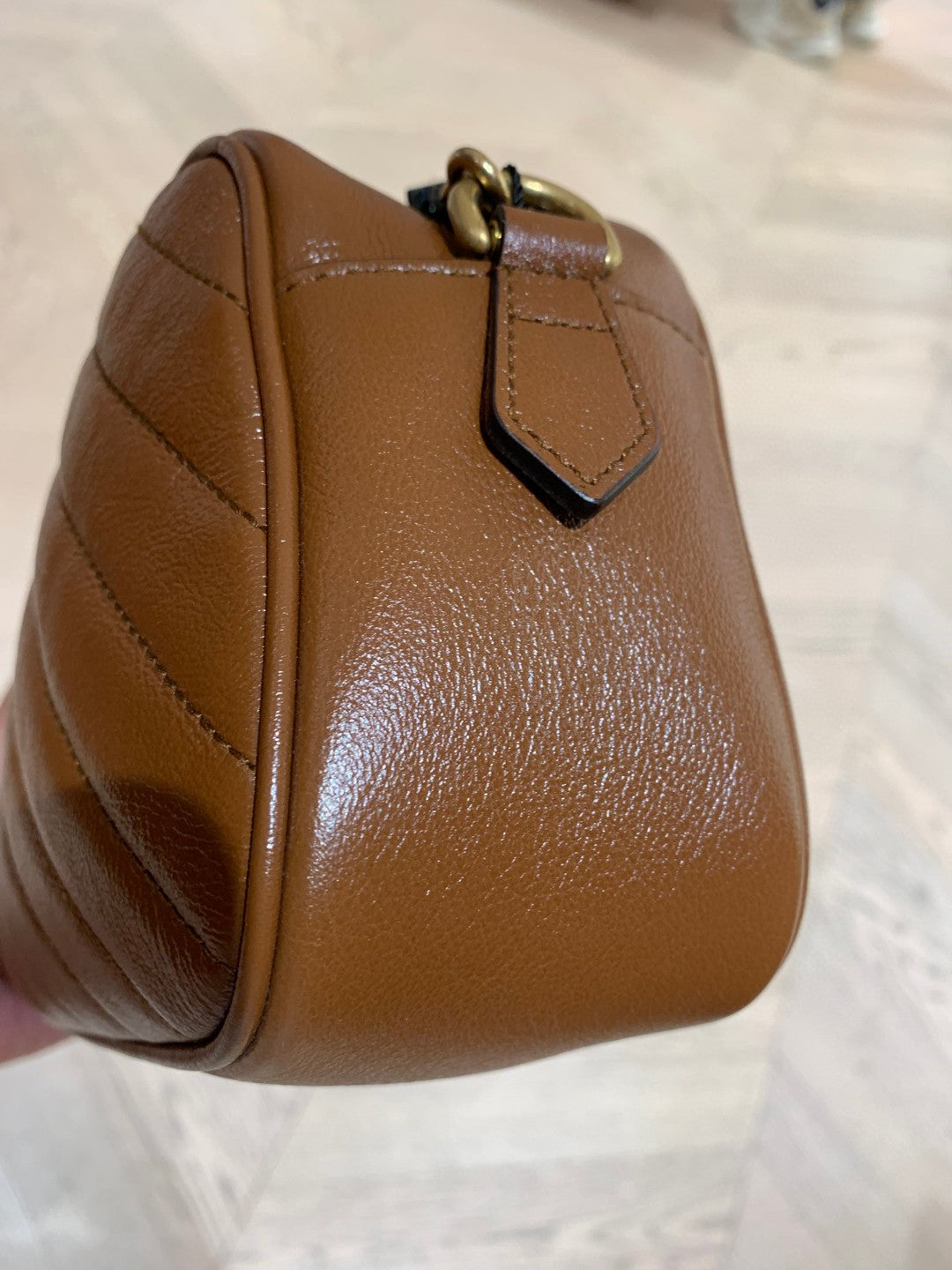 Pre-owned Certified Gucci Marmont Small Camera Bag Caramel Brown Calfskin Golden Hw, w/ dust bag