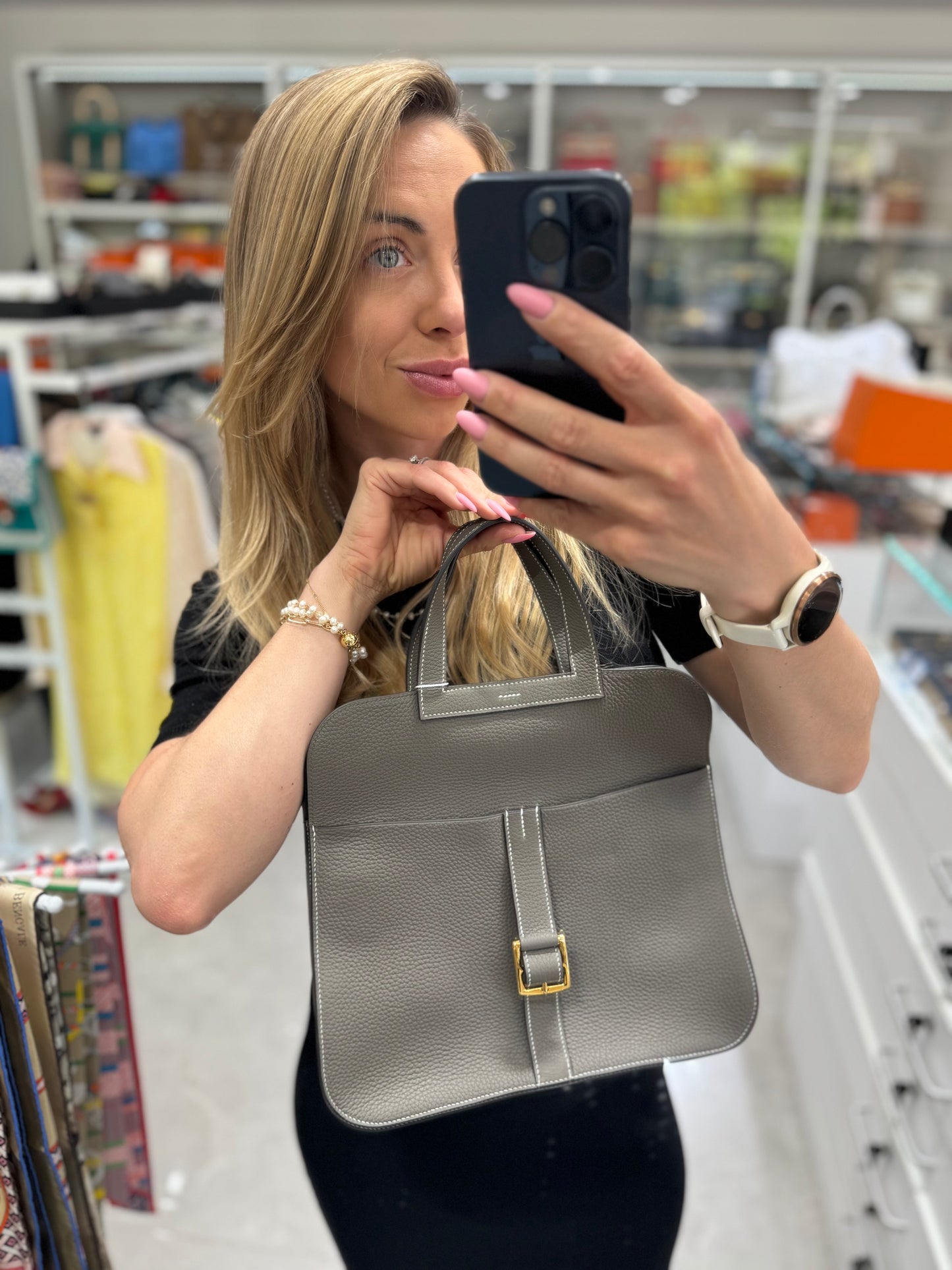 Pre-owned Certified Hermes Halzan 31 Etain Clemence Leather, 2019, Full Set