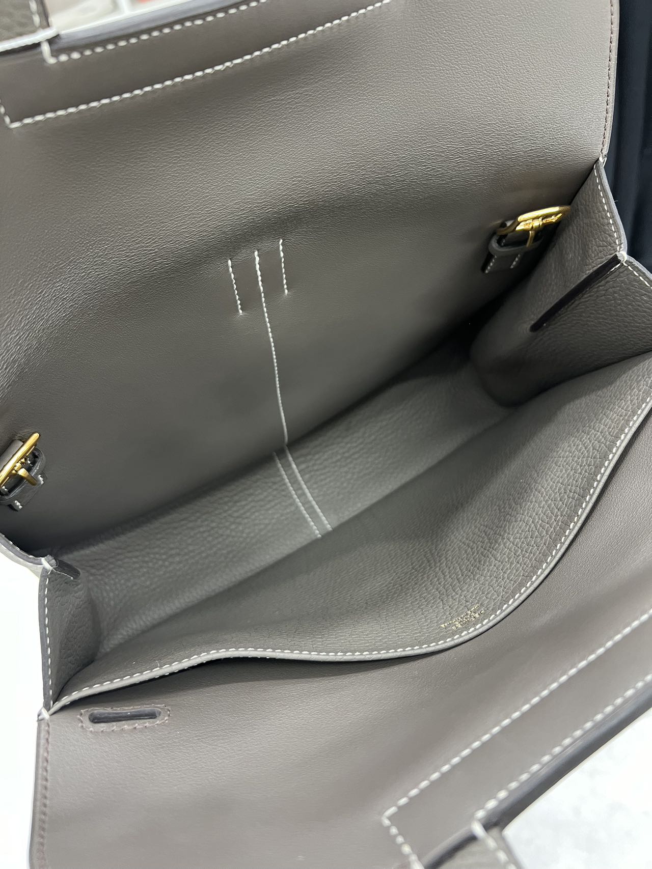 Pre-owned Certified Hermes Halzan 31 Etain Clemence Leather, 2019, Full Set