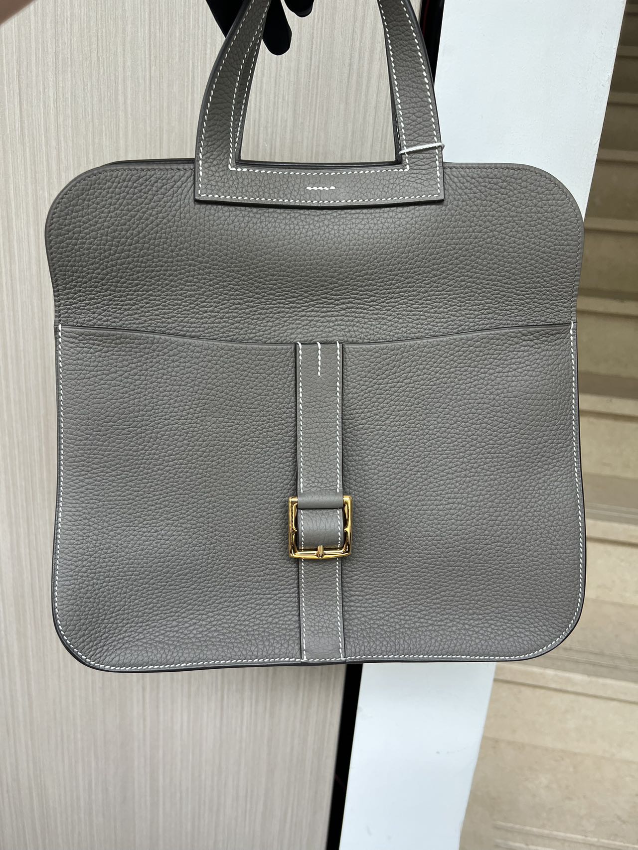 Pre-owned Certified Hermes Halzan 31 Etain Clemence Leather, 2019, Full Set