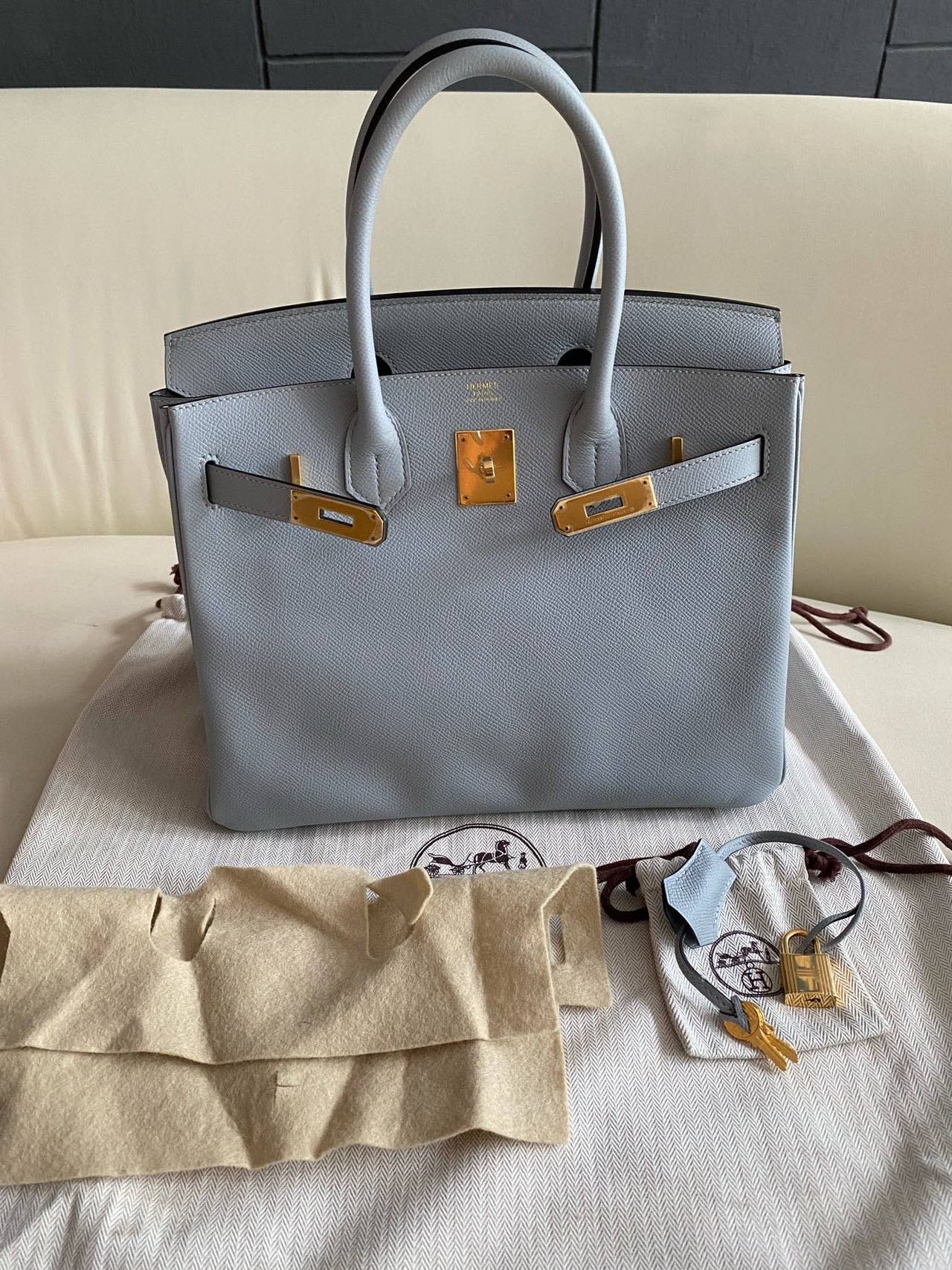 Pre-owned Certified Hermes Birkin 30 Bleu Glacier 8U Epsom Leather Golden Hardware, 2016 (X), w/ Full Set - box, dust bag, lock&key