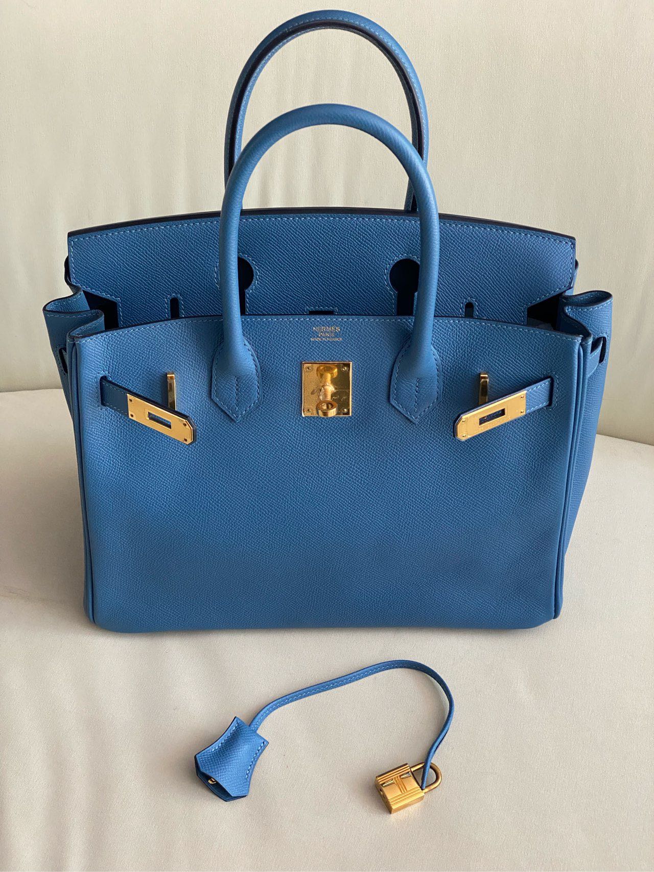 Pre-owned Certified Hermes Birkin 30 Blue Brighton 7e Epsom Leather with Golden Hardware, 2019 (D), with dust bag, lock&key