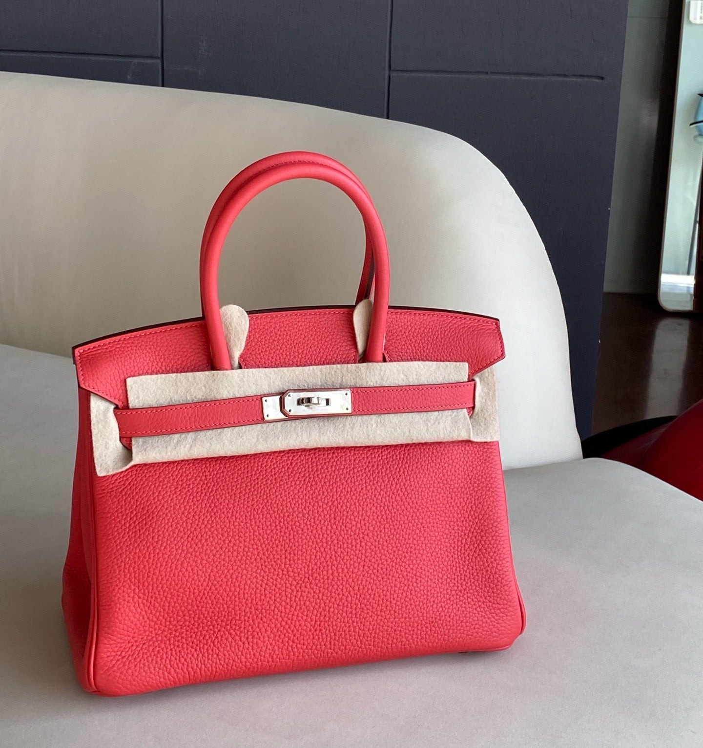 Pre-owned Certified Hermes Birkin 30 Rouge Pivoine 2R Togo Silver Hardware, 2015 (T), w/ Dust bag, lock&key