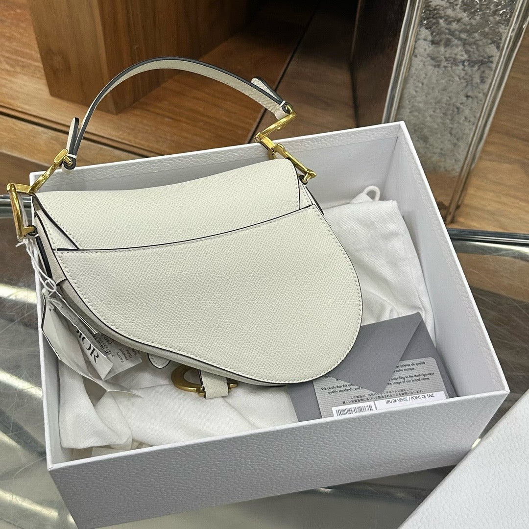 Pre-owned Not Used Dior Saddle Small White All Leather Golden Hardware, 2020, Full Set