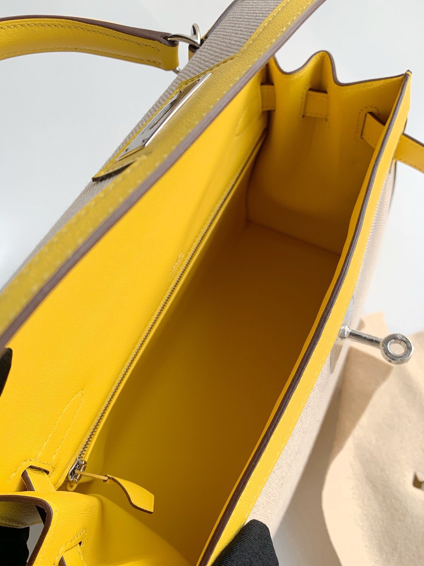 Pre-owned Certified Hermes Kelly 28 Toile, 9O Jaune de Naples with Canvas, Palladium hw, 2020, w/ dust bag, lock&key, strap